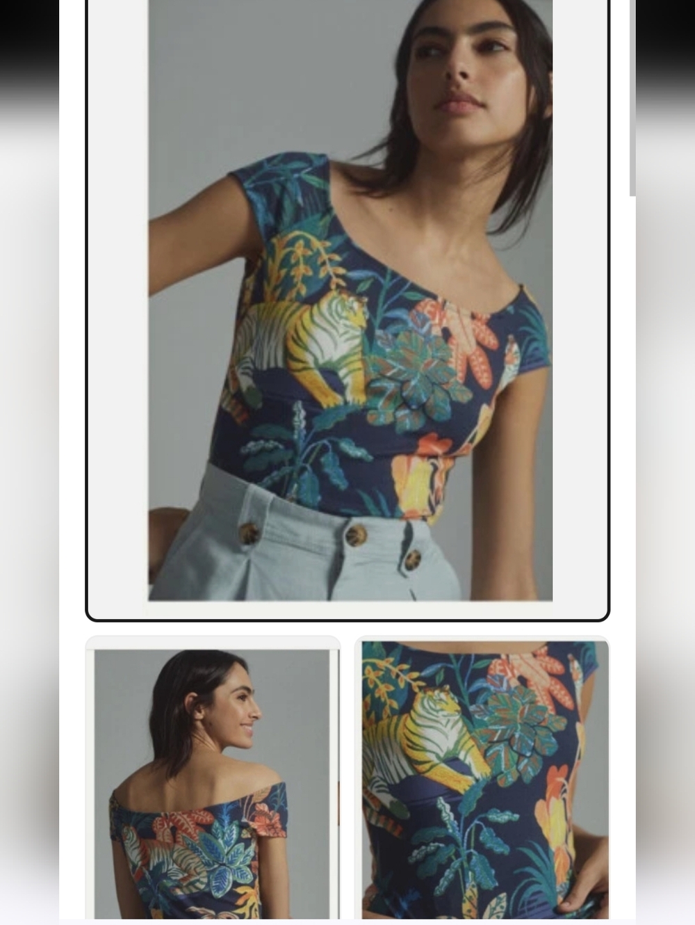 Anthropologie New No Tag Navy Tropical Tiger Off-Shoulder Crop Top